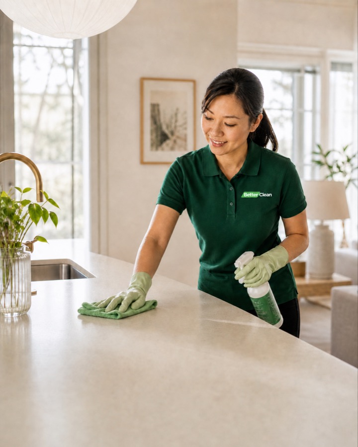BetterClean siivooja pyyhkii keittiön tasoa / BetterClean cleaner wiping a kitchen counter