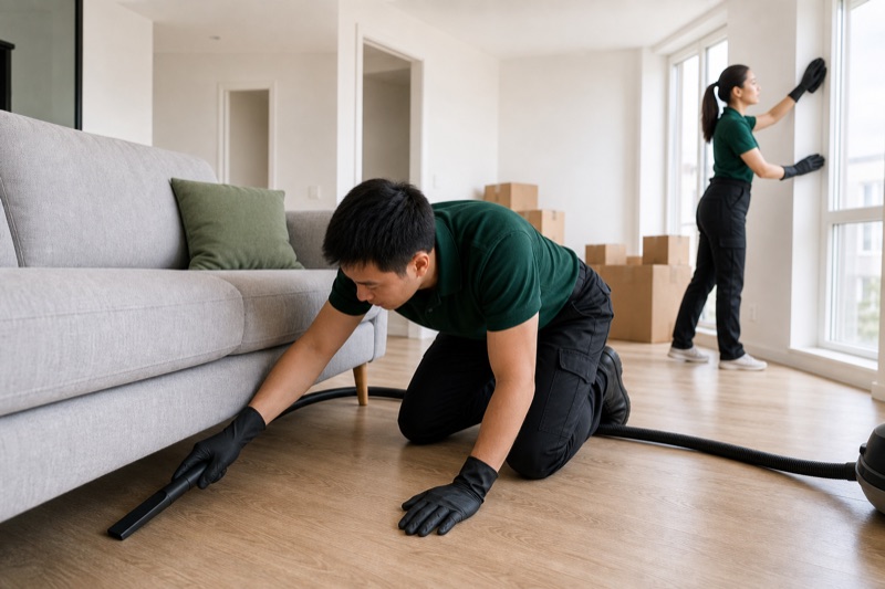 BetterClean move-out cleaning under a sofa with connected vacuum hose and window cleaning / BetterClean muuttosiivous sohvan alta ja ikkunoiden puhdistus